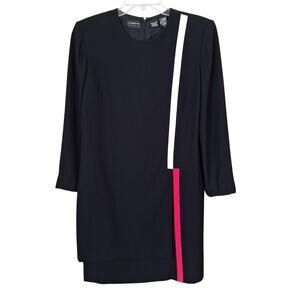 Vintage 90s Mod Retro Black Long Sleeve Knee Length Dress With Stripe Women L